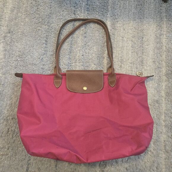 LONGCHAMP Large Le Pliage   Pink Brown Leather Zip Tote Bag USED - Picture 1 of 16